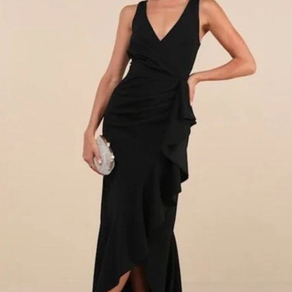 Lulus Pure Loveliness Black Pleated Ruffled High-Low Maxi Dress Sz M #38